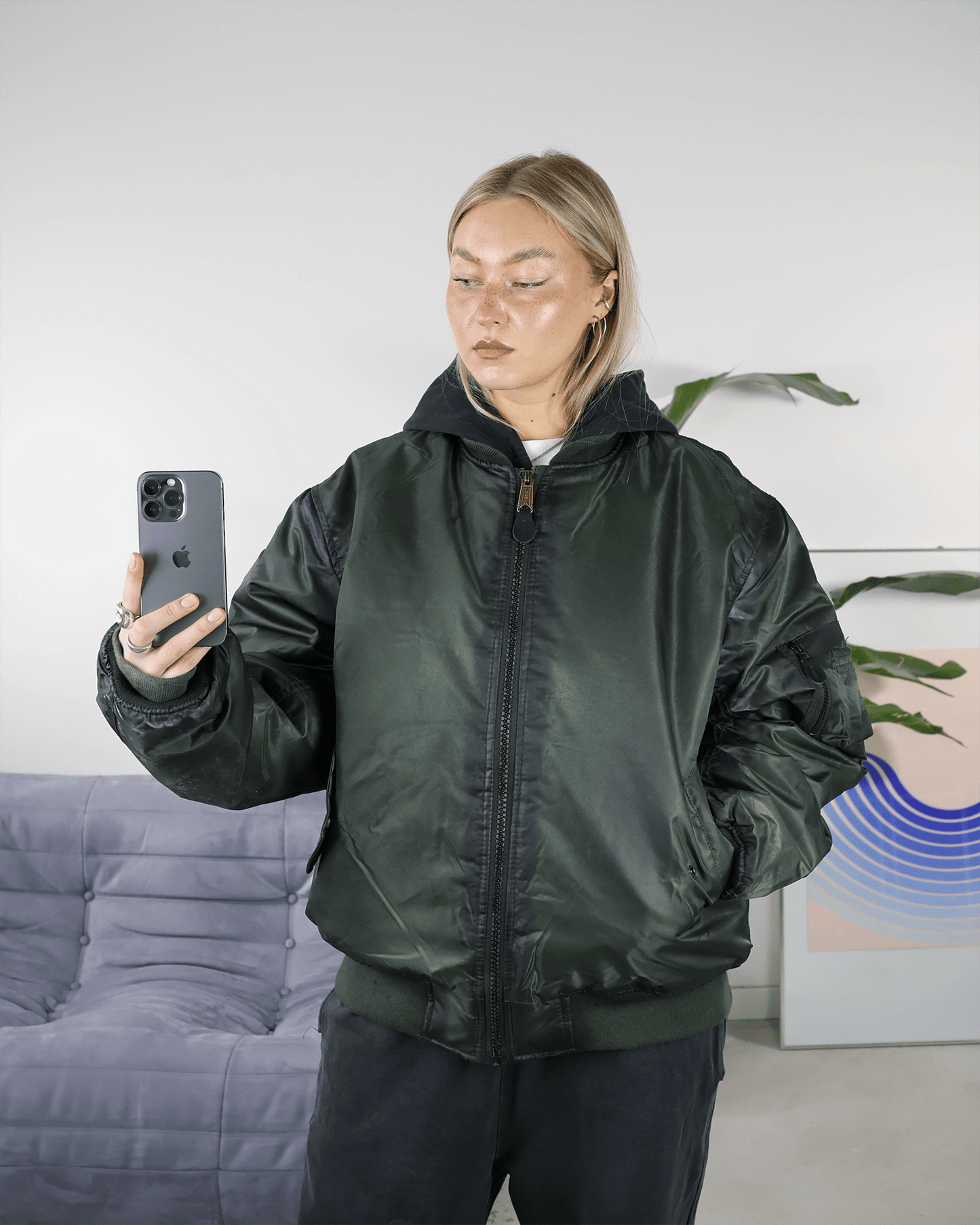 OLIVE SEAM DYE BOMBER JACKET